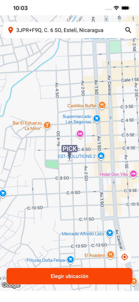 Pide Fácil - Pide Facil app screen showing a map of Esteli Nicaragua with options to choose a delivery location