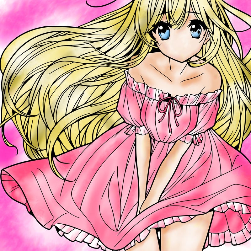 manga girl with long flowing hair and a dress that is pushed down