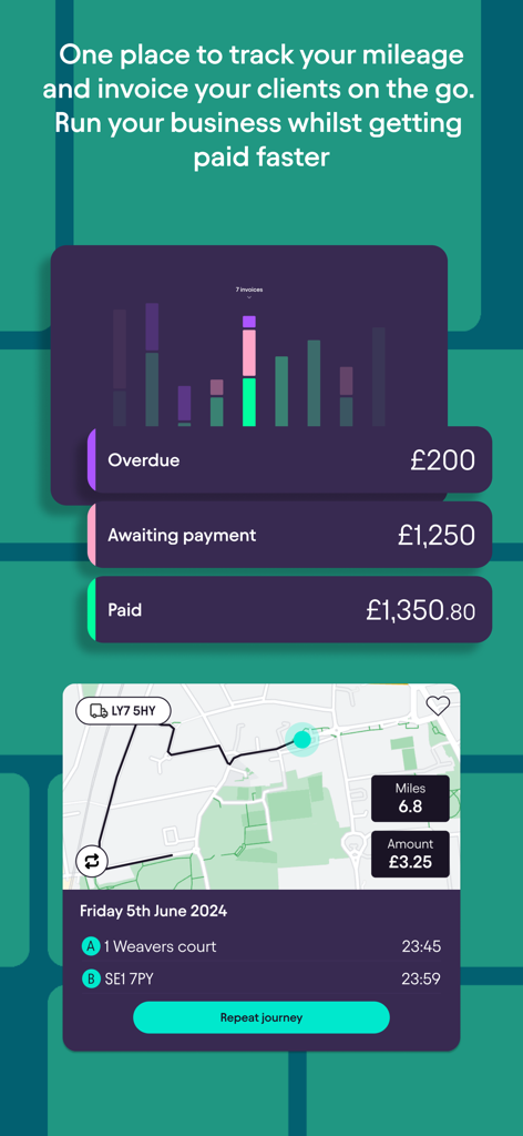 @Pie Tax - Pie Tax app interface displaying a mileage tracking map and an invoice dashboard with overdue and paid payment summaries