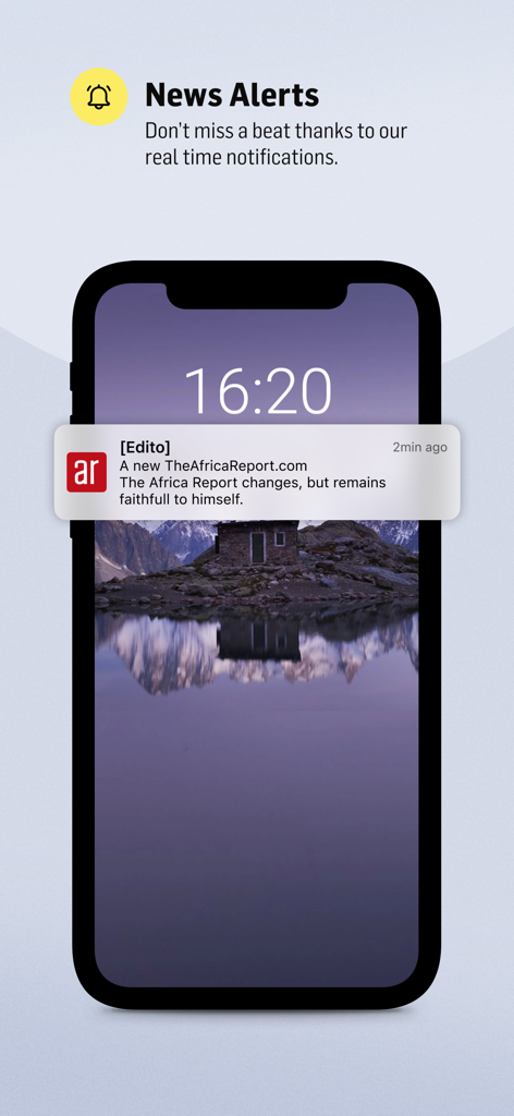 Smartphone lock screen displaying a real time news alert from The Africa Report app