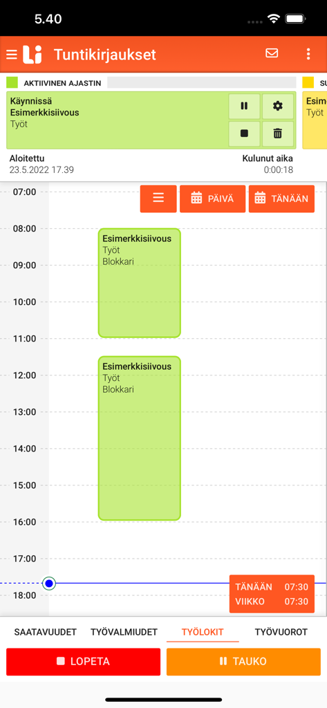 Linkity Pro - Linkity Pro mobile app interface showing active work timer and daily schedule logs