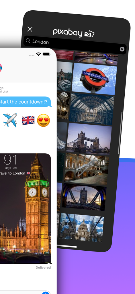 Big Days - Events Countdown - Interface of the Big Days app showing a Pixabay image search for London and a shared travel countdown message