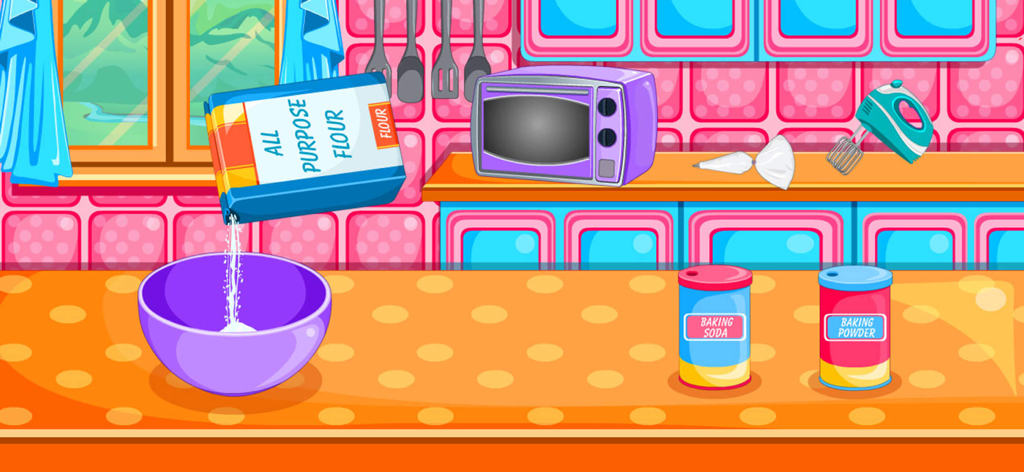 Baking black forest cake games - Cartoon kitchen scene showing flour being poured into a purple mixing bowl.
