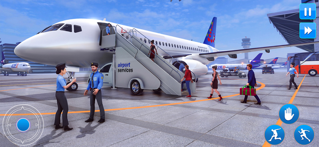 Security officers on duty at an airport tarmac with passengers boarding a plane