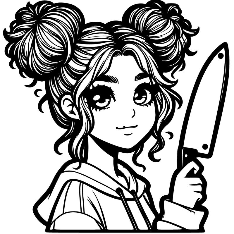 girl with messy buns holding a sharp plastic knife realistic