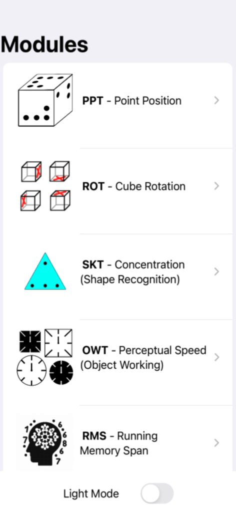 Une liste de modules de préparation aux tests DLR dans l'application PilotPass, y compris la rotation de cubes et la vitesse perceptive.