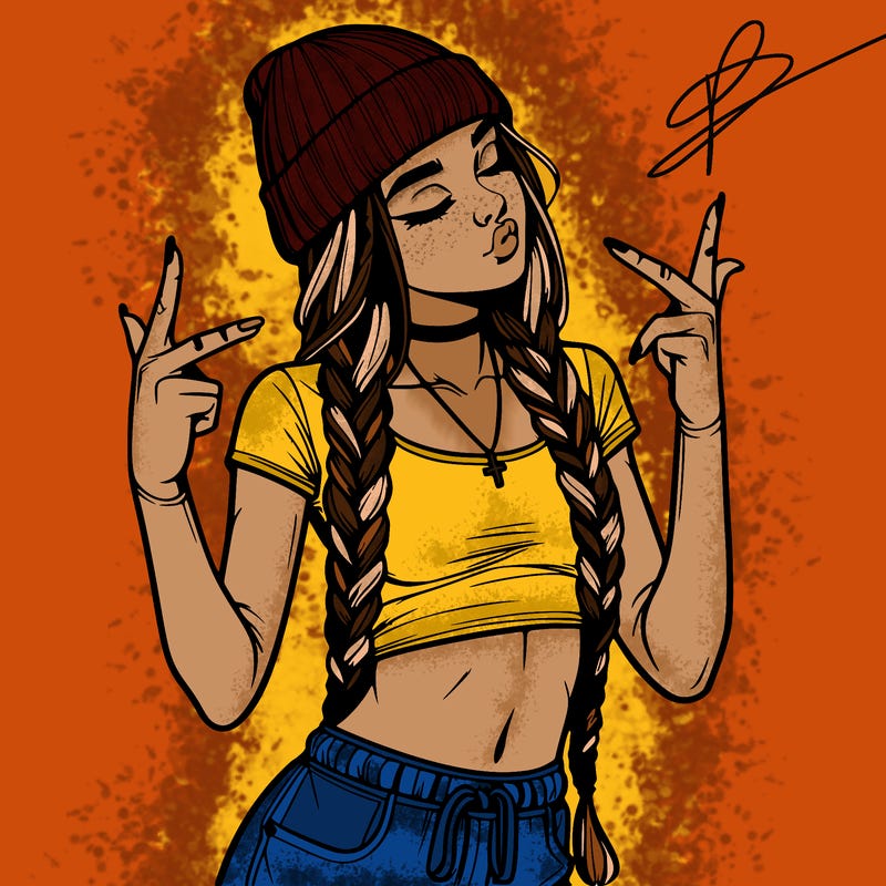 realistic teenage girl with braids and a beanie and crop top doing 🫶🏼
