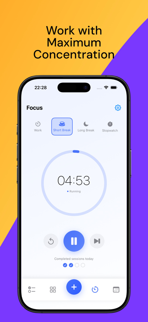 TaskSteps: To Do List & Focus - TaskSteps app focus screen showing a Pomodoro timer countdown for a short break on an iPhone