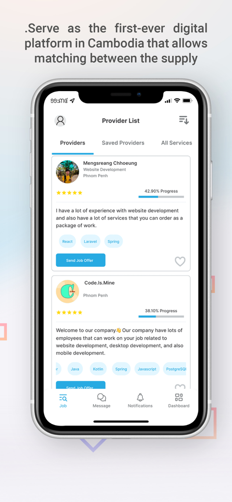 Khmer Tech Market - Khmer Tech Market app interface showing a list of available tech service providers and their professional profiles.