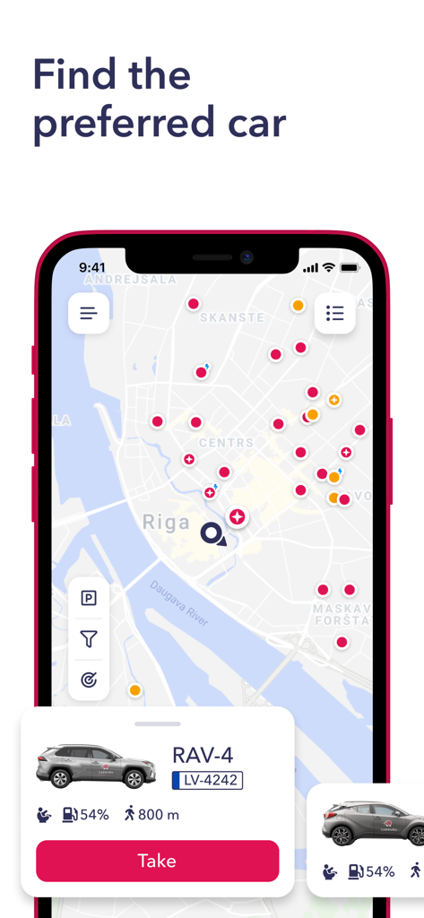 Pantalla de la aplicación móvil CARGURU mostrando un mapa de la ciudad con ubicaciones de coches de alquiler disponibles y un Toyota RAV4 seleccionado con un botón 'Coger'