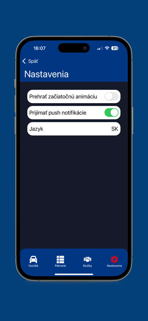 HAKA System+ - Pantalla de configuración de la aplicación HAKA System plus que muestra opciones de notificación push y selección de idioma en eslovaco