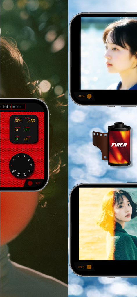 LUZMOアプリのインターフェース。マニュアルカメラ設定と、ライトリーク効果のあるヴィンテージ35mmフィルムポートレートが表示されています。