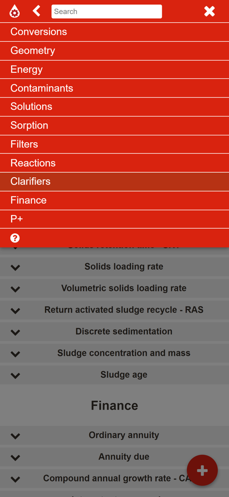 Menu de navigation principal de l'application Plutocalc+ Water avec les catégories de calculs d'ingénierie