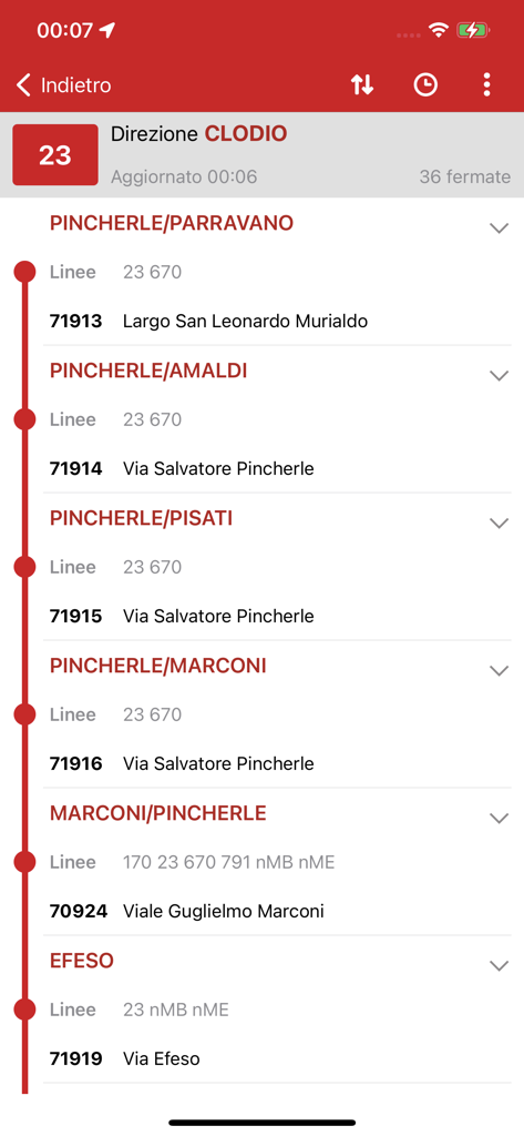 Lista de paradas de autobús para la línea 23 en la aplicación de navegación Probus Rome