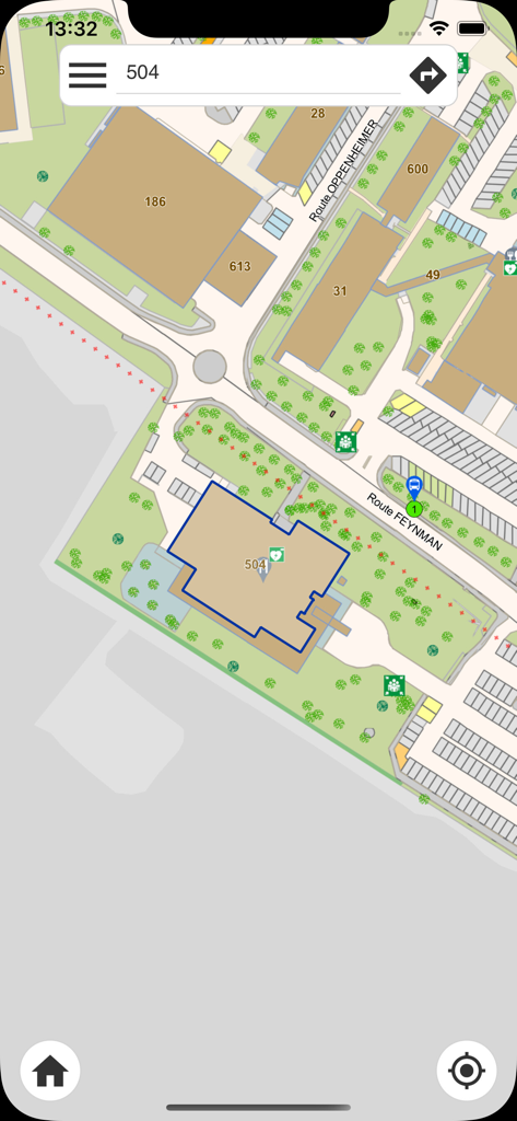 MapCERN - MapCERN app screenshot showing a detailed map of the CERN campus with building 504 highlighted in the search results