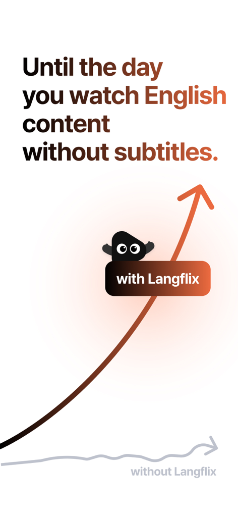 Langflixを使用した場合の急速な英語学習の進捗と、そうでない場合の遅い進捗を示す比較グラフ。