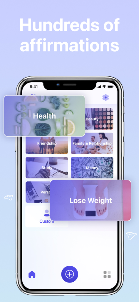 Daily motivation app interface showing affirmation categories like health money and relationships
