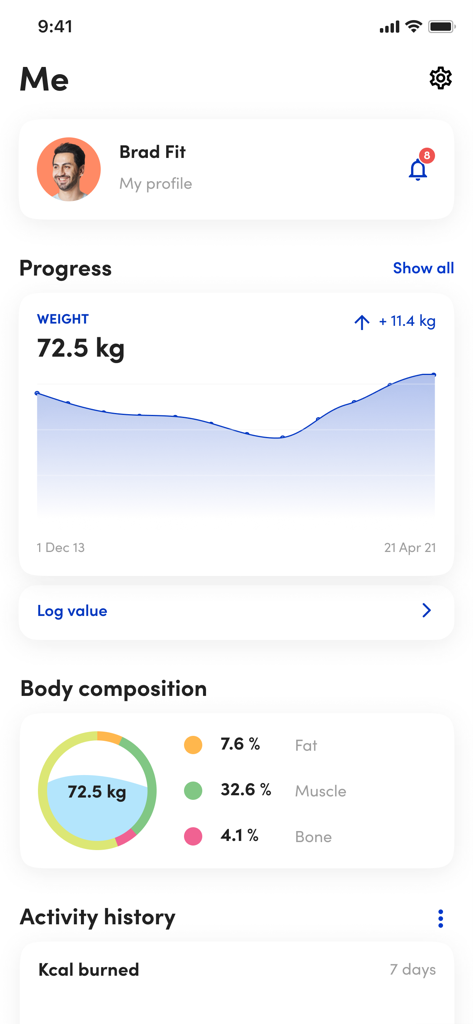 Let’s Go App - Mobile app dashboard showing weight progress graph and body composition statistics for a gym member