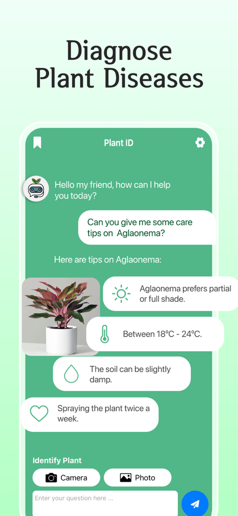 Interface do aplicativo AI Plant Care mostrando um chat com um assistente de IA fornecendo dicas de cuidados específicas para uma planta Aglaonema.