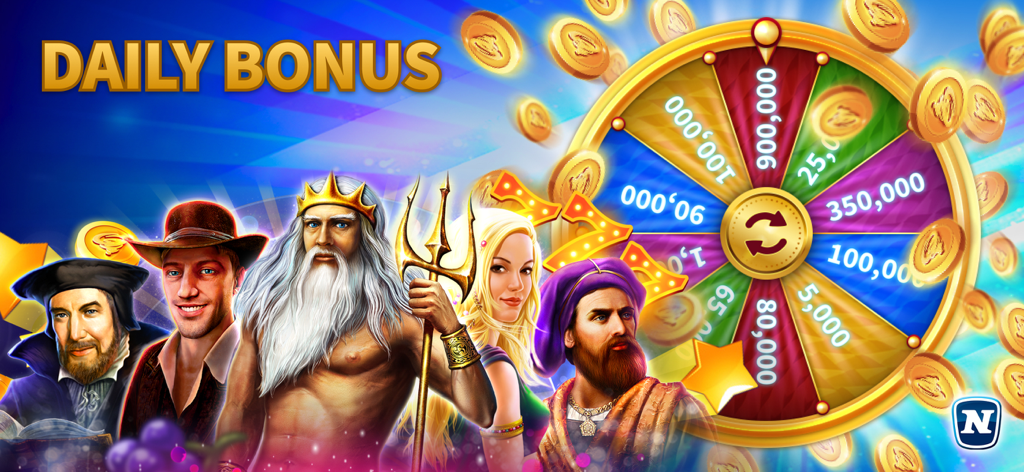Daily bonus lucky wheel in the GameTwist app showing virtual twist rewards and iconic slot game characters
