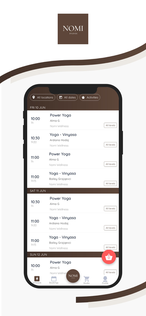 NOMI STUDIOS mobile app class schedule interface showing yoga sessions and booking times