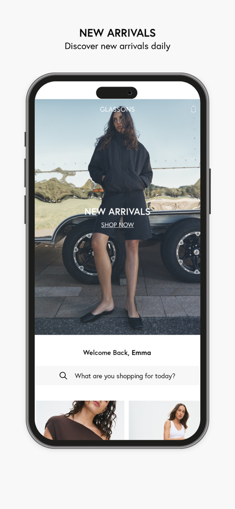 Glassons - Glassons mobile app home screen showing new arrivals and search functionality