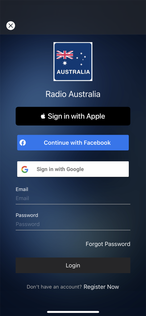 Login screen for Radio Australia app with social and email sign in options