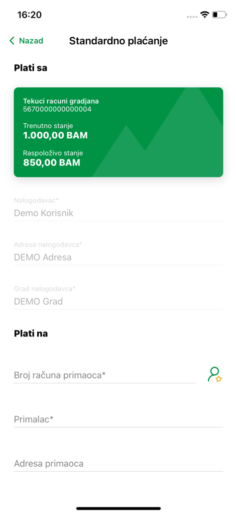 ATOS BANK Mobile - ATOS BANK Mobileアプリの標準支払いインターフェース、口座残高と受取人情報フィールドを表示