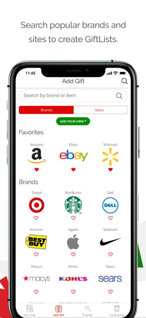 The GiftList app Add Gift screen showing a search bar and logos of popular retailers like Amazon, eBay, and Walmart.