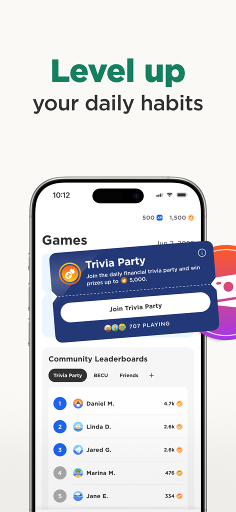 Zogo: Learn and Earn - Zogo app interface featuring a daily financial trivia party and a community leaderboard for earning rewards