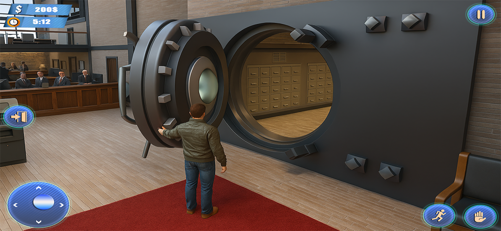 Sneak Robbery: Thief Simulator - Um personagem em Sneak Robbery Thief Simulator em frente a um cofre de banco circular aberto