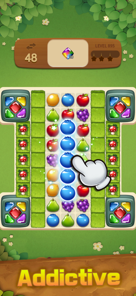 Fruits Magic : Match 3 Puzzle - Captura de pantalla de jugabilidad de Fruits Magic mostrando un puzzle de combinar 3 con varias frutas coloridas e indicadores de nivel.