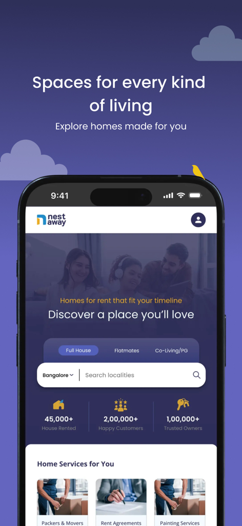NestAway mobile app homepage showing house rental options and home services in India