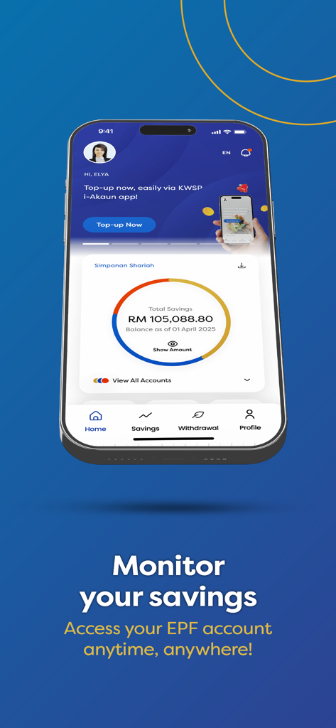 Mobile phone displaying the KWSP i-Akaun app home screen showing total EPF savings and account balance