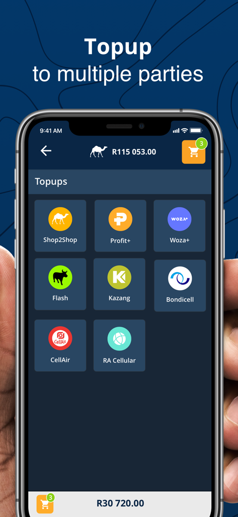 Shop2Shop - Shop2Shop app interface showing multiple business topup providers and account balance