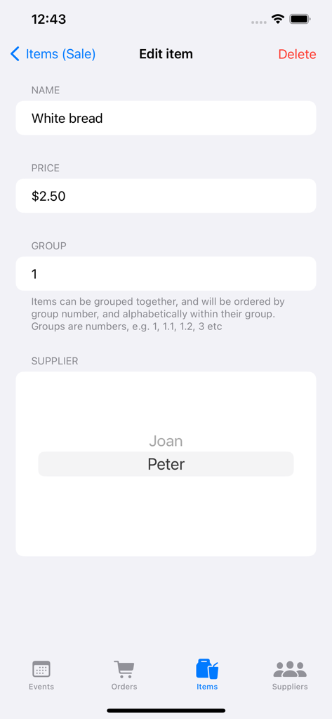 PreO - The Preorder Manager - Tela móvel para editar informações do item, incluindo nome, preço e fornecedor no aplicativo PreO.