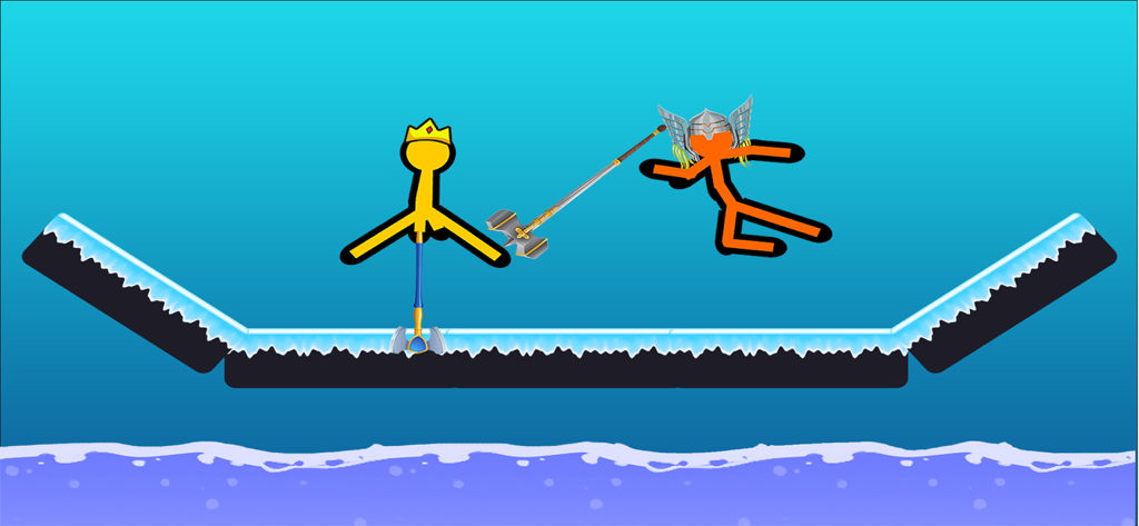Stickman Warriors: Fight Games - Two stickman characters fighting with weapons on an icy platform