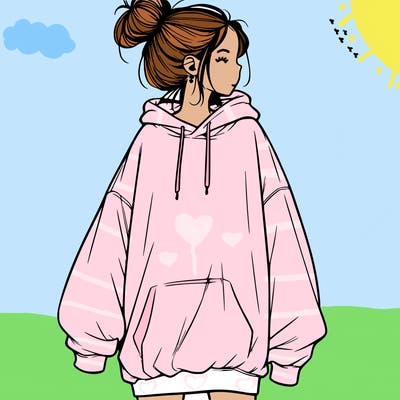 realistic girl with a oversized sweatshirt on and a bun