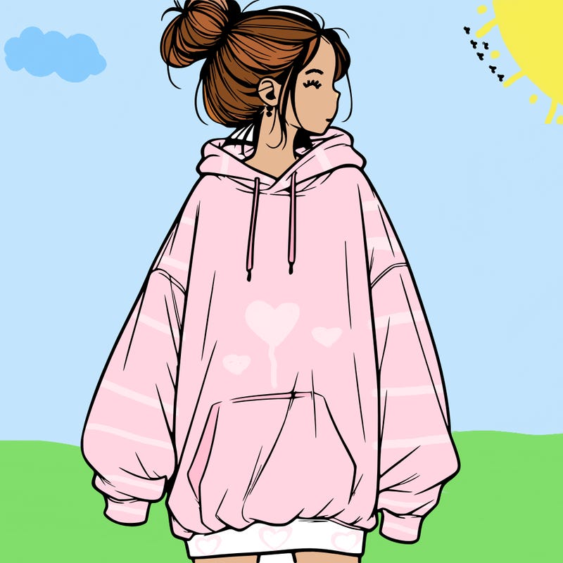 realistic girl with a oversized sweatshirt on and a bun