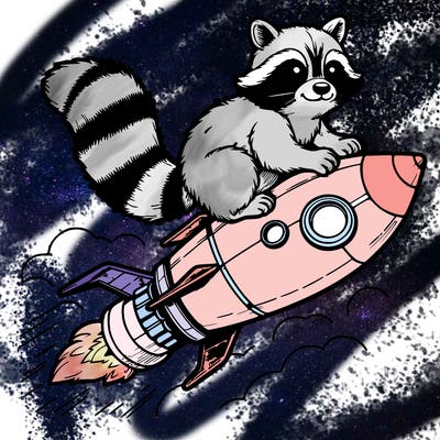 realistic raccoon flying on top rocket ship