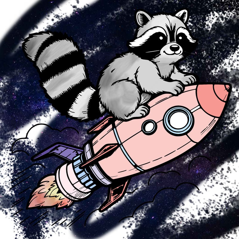 realistic raccoon flying on top rocket ship