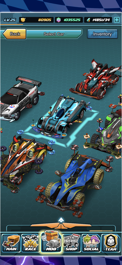 A selection of customizable 4WD racing cars in the Mini Legend game menu.