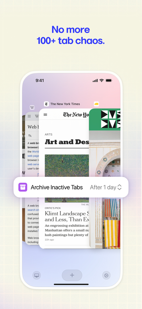 Arc Search mobile app interface showing the automatic tab archiving feature to reduce browser clutter.