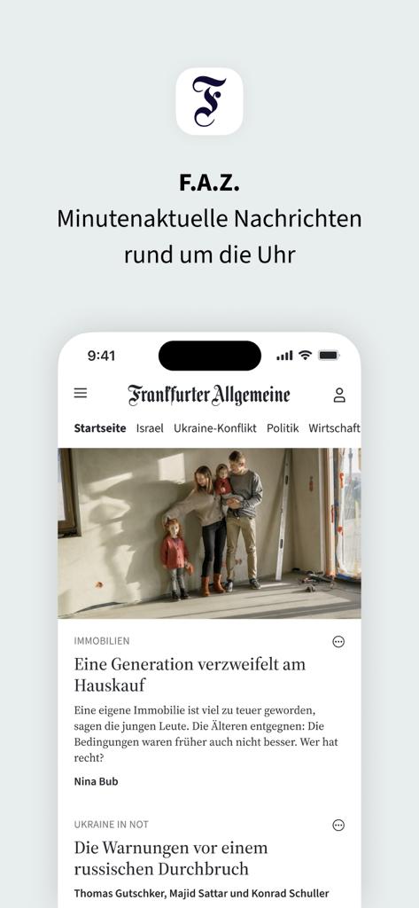 F.A.Z. - Nachrichten - Pantalla principal de la aplicación de noticias Frankfurter Allgemeine Zeitung con titulares en alemán