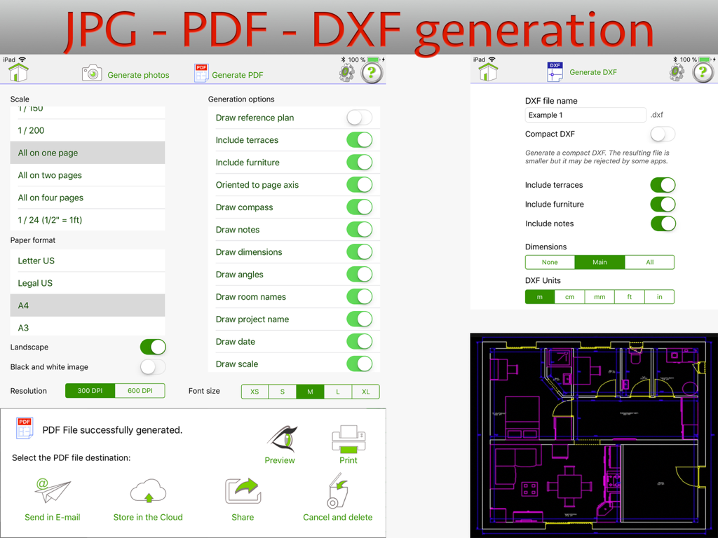 QuickPlan 3D - Floor plans - QuickPlan 3D export interface for generating JPG, PDF, and DXF floor plan files on an iPad