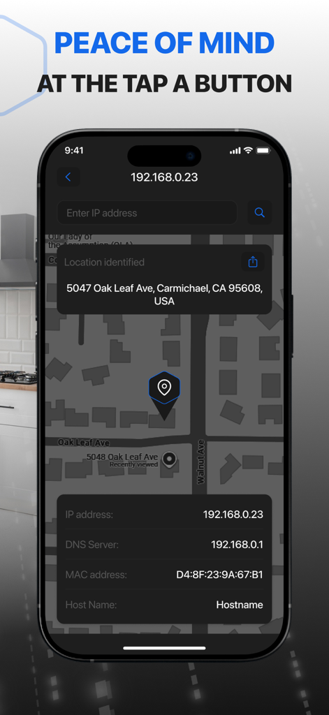 Analyzer Camera Detector Pro.X - Interfaccia che mostra la posizione dell'indirizzo IP e i dettagli della rete su una mappa