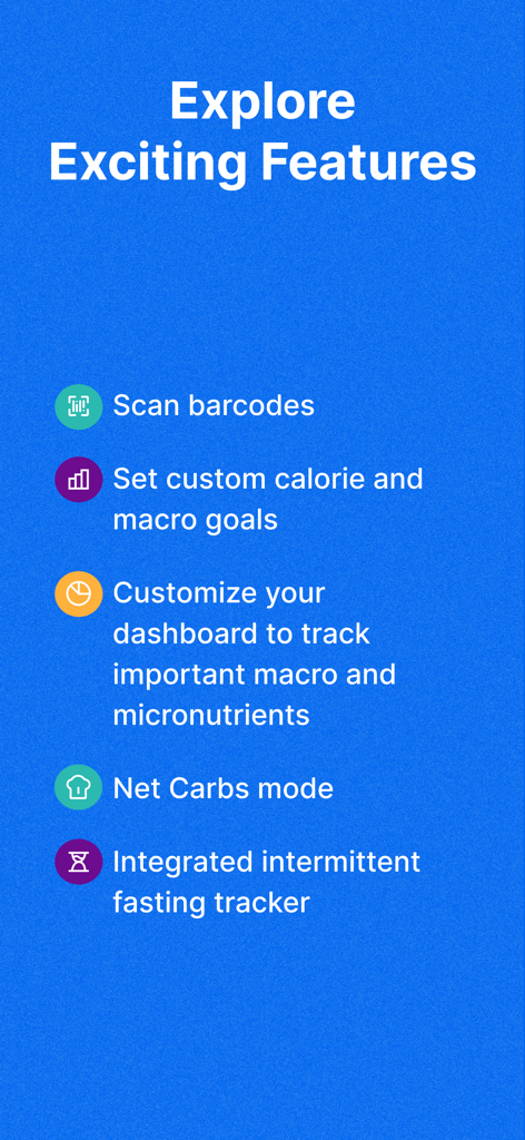 A list of MyFitnessPal app features including barcode scanning custom calorie and macro goals and an intermittent fasting tracker