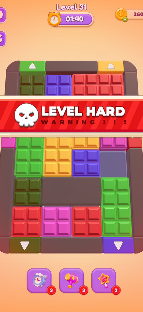 Block Out Master: Color Jam 3D - Gameplay screenshot of Block Out Master Color Jam 3D featuring a hard level warning banner and colorful 3D blocks