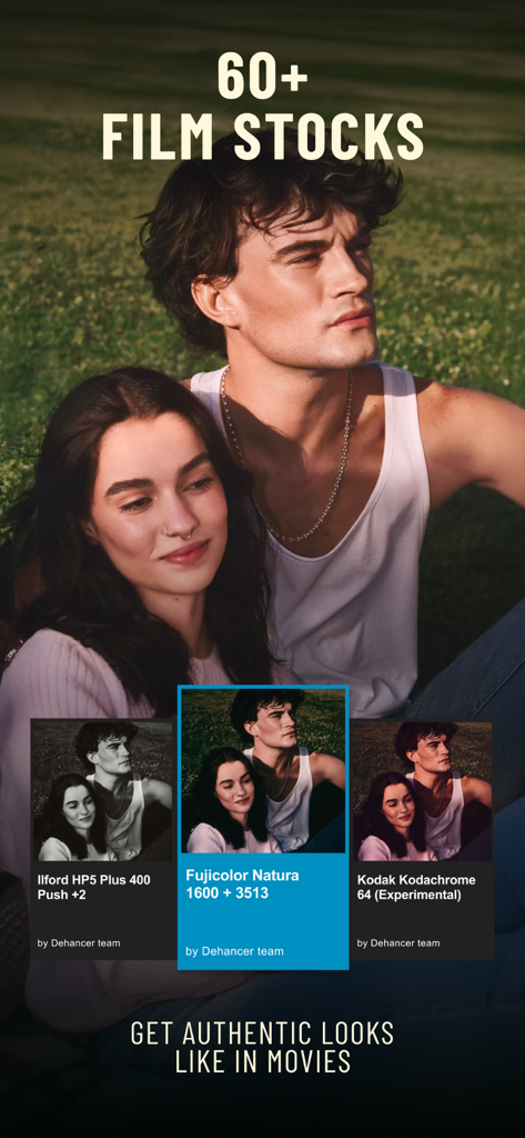 Dehancer Film Emulation - Dehancer app interface showcasing over sixty authentic film stocks and cinematic filters for photo and video editing