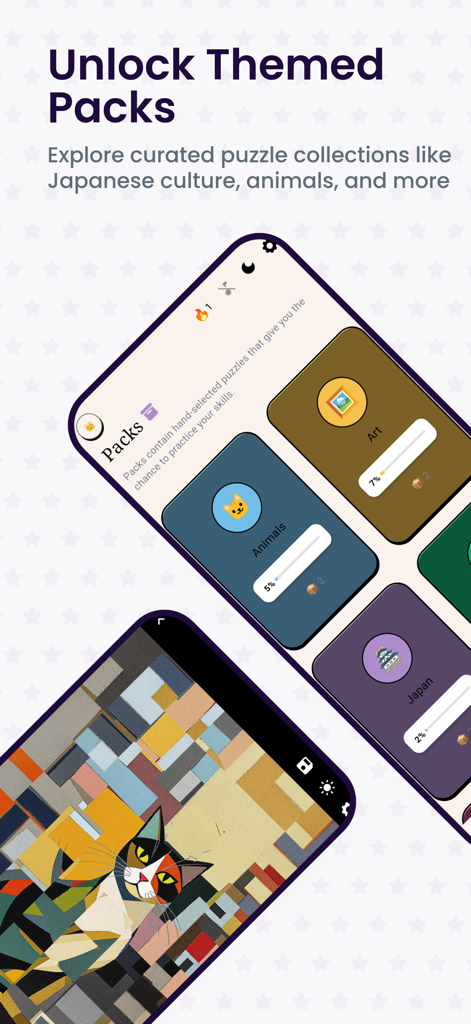 Captura de pantalla de la aplicación Mosaic que muestra colecciones de rompecabezas temáticos y una obra de arte de gato cubista.